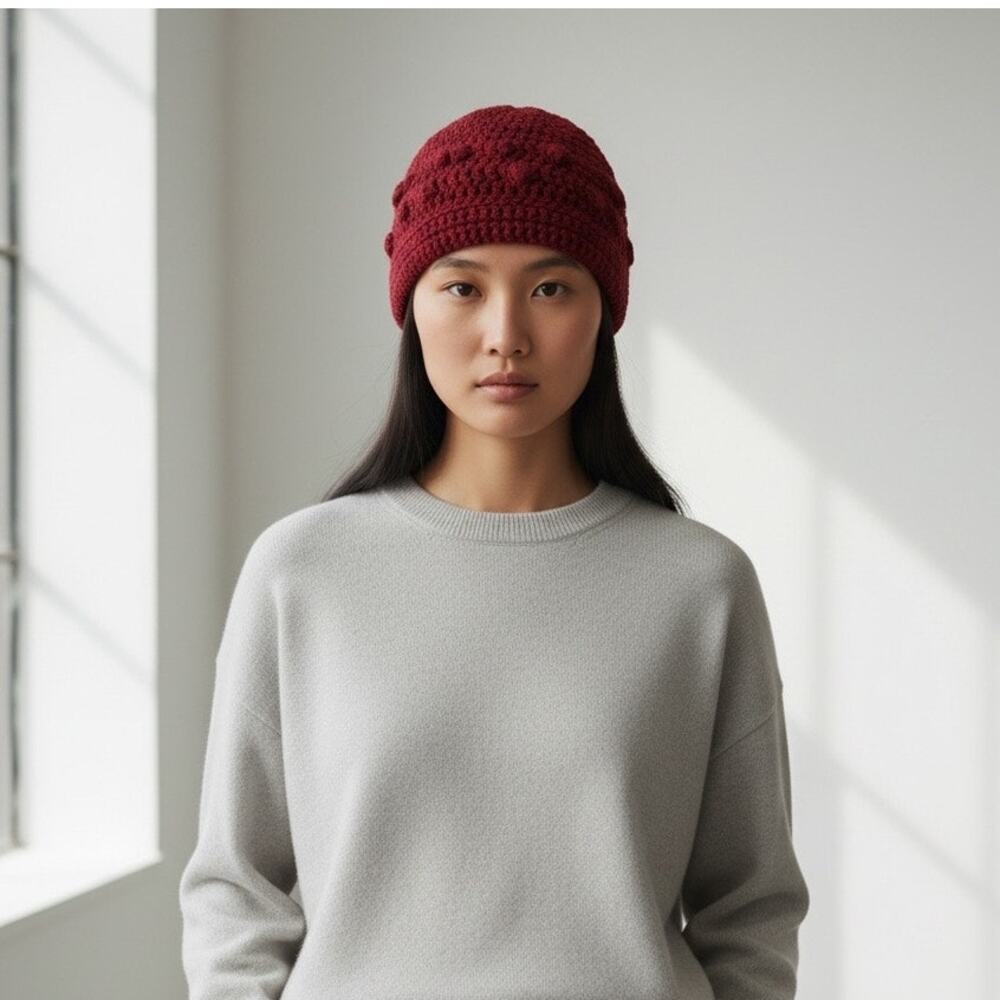 Red Hand Crochet Beanie Hat Handmade Cotton Yarn OS Winter Fall